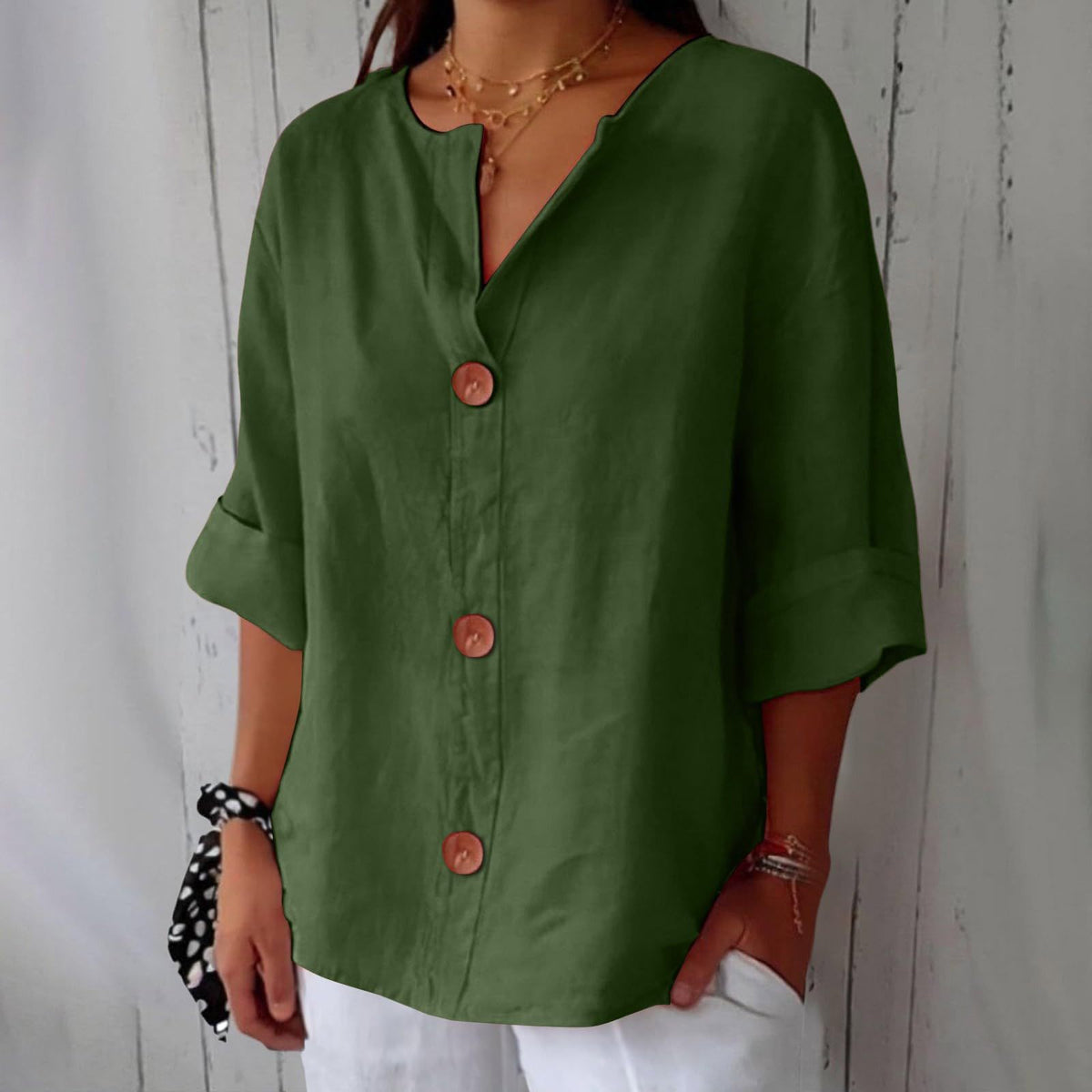 Women's V-Neck Cotton-Linen Button-Up Top