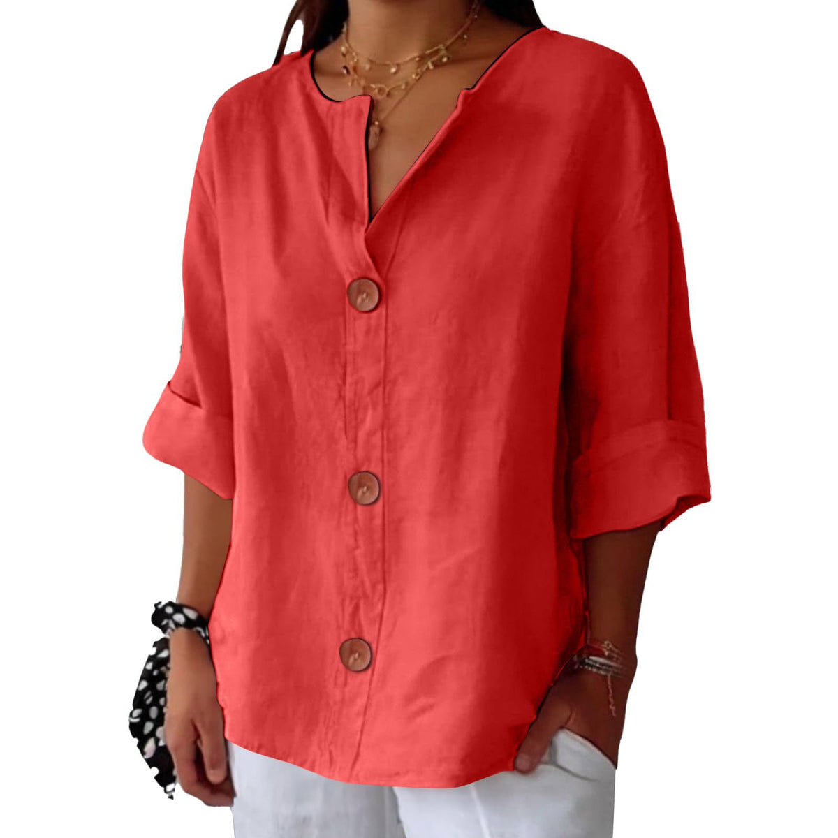 Women's V-Neck Cotton-Linen Button-Up Top