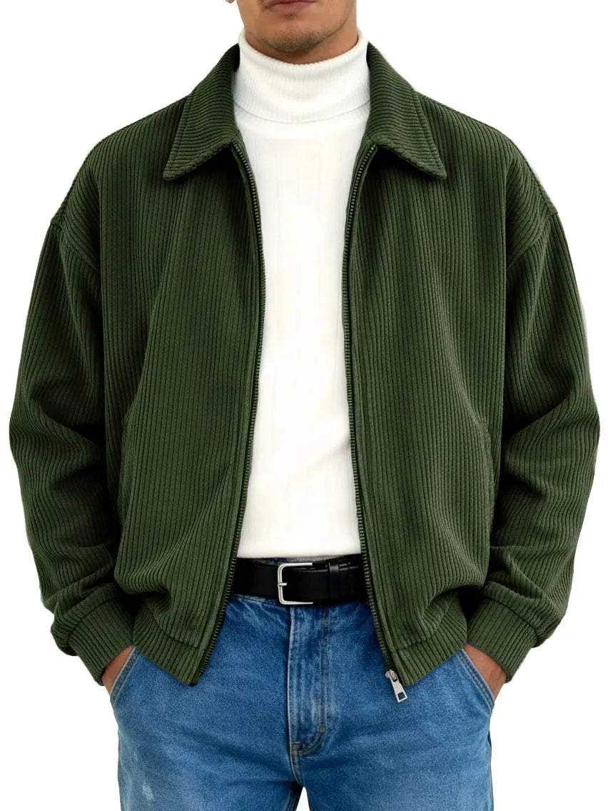 Men's Stylish Vintage Ribbed Fabric Long-sleeved Lapel Motorcycle Jacket