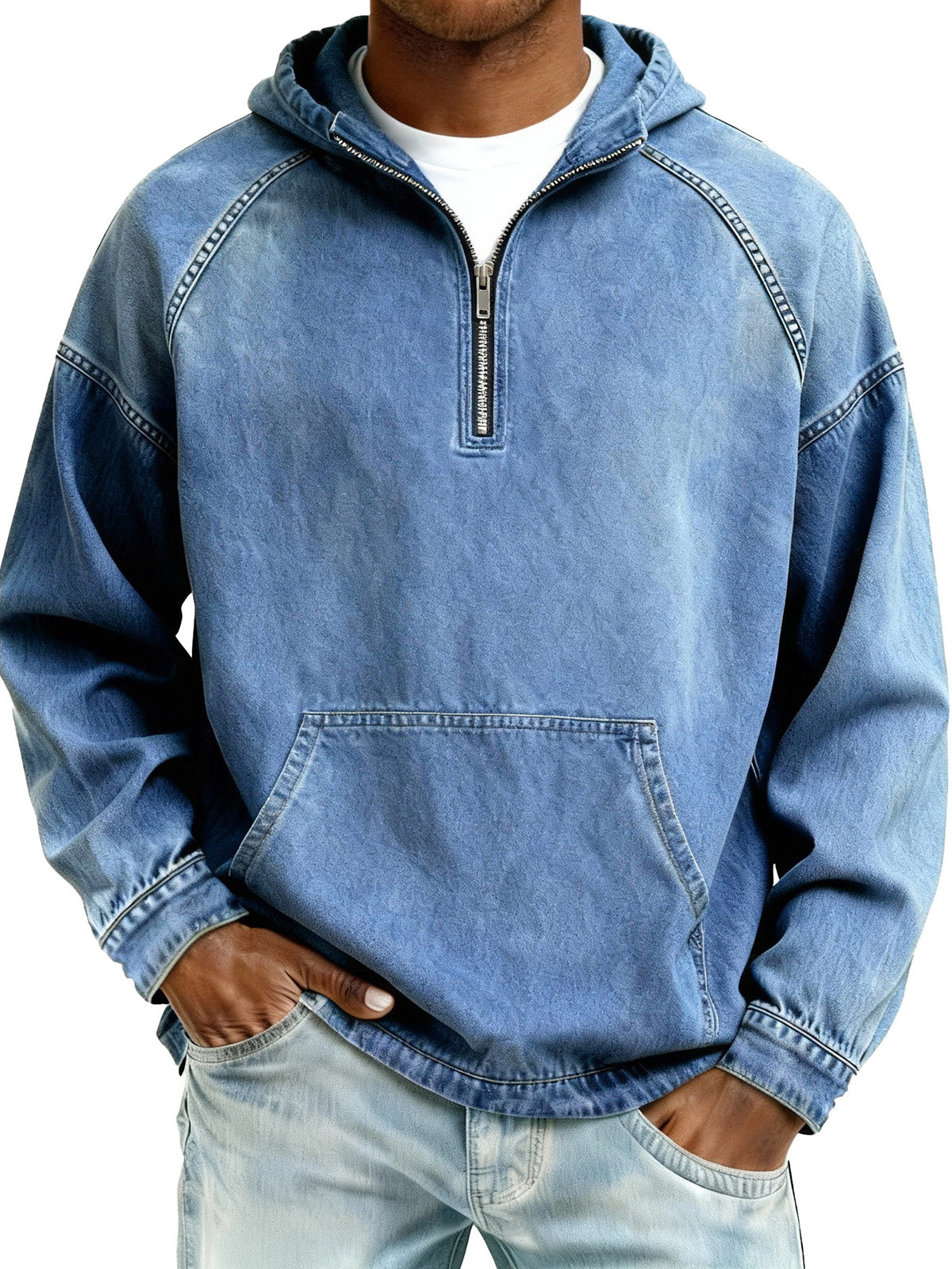 Limited-Time Deal: Save 50% Today!Men's Retro Fashion Distressed Raglan Sleeve Pocket Hooded Sweatshirt