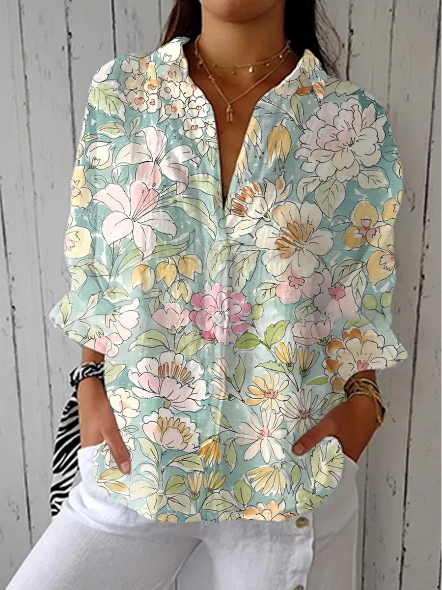 Women's Vintage Abstract Floral Art Print Linen V-Neck Shirt