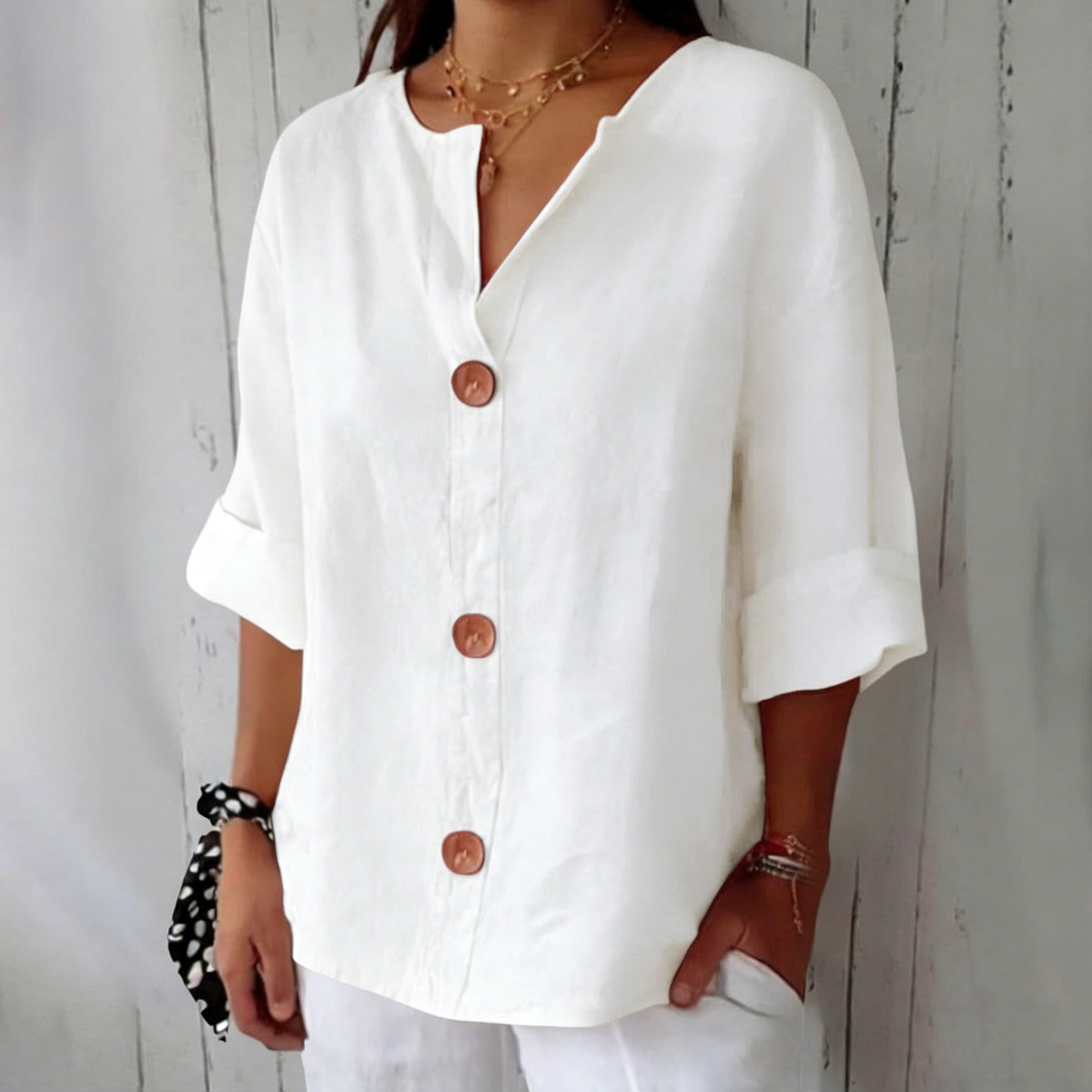 Women's V-Neck Cotton-Linen Button-Up Top