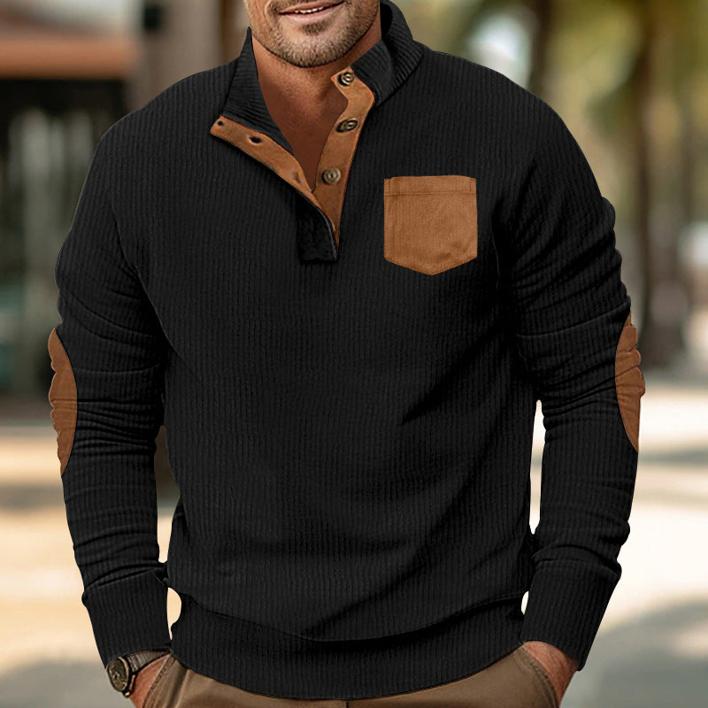 Men's pocket stand collar long sleeve corduroy colorblock sweatshirt