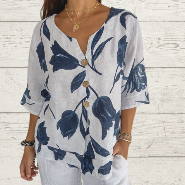 Printed Linen-Cotton V-Neck Short-Sleeve Pull-On Shirt