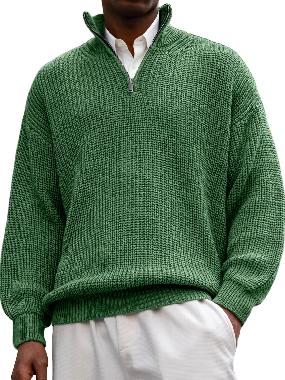Men's Textured Lapel Zipper Casual Long Sleeve Polo Shirt