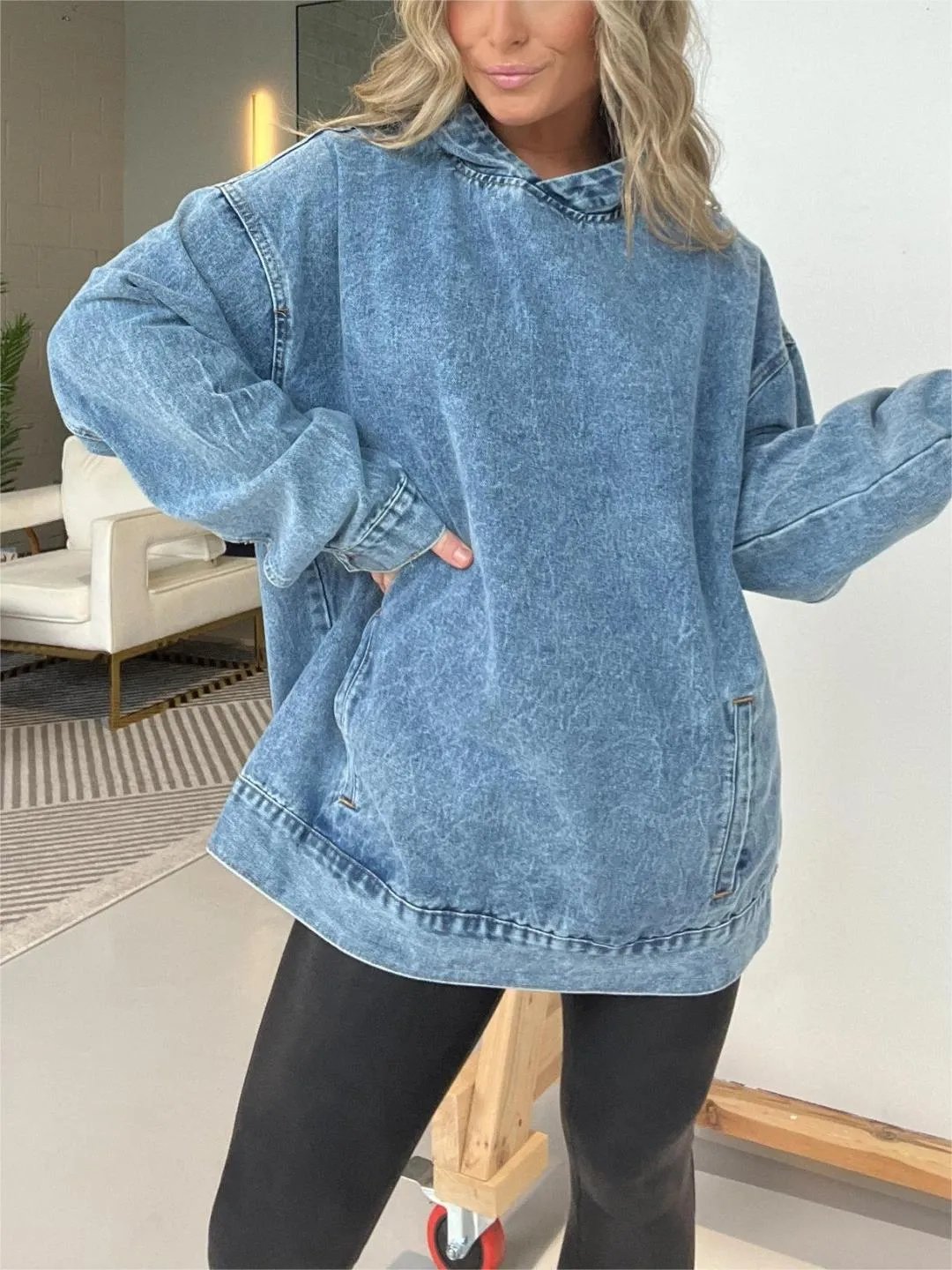 ⏰FALL SALE-DENIM HOODED SWEATSHIRT WITH FRONT POCKETS