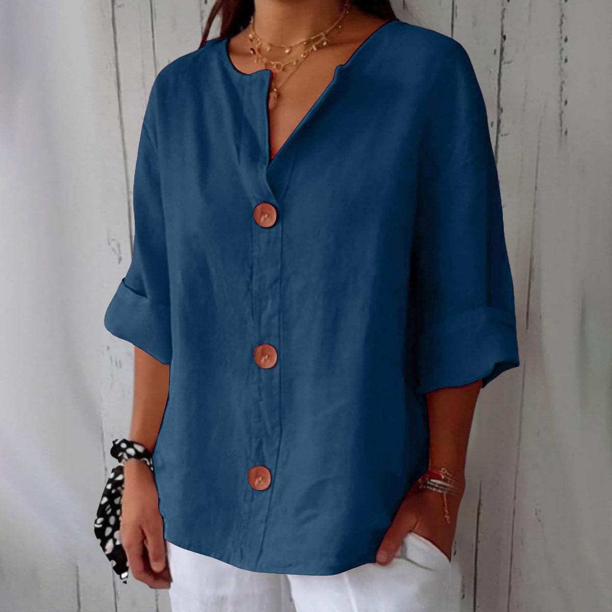 Women's V-Neck Cotton-Linen Button-Up Top