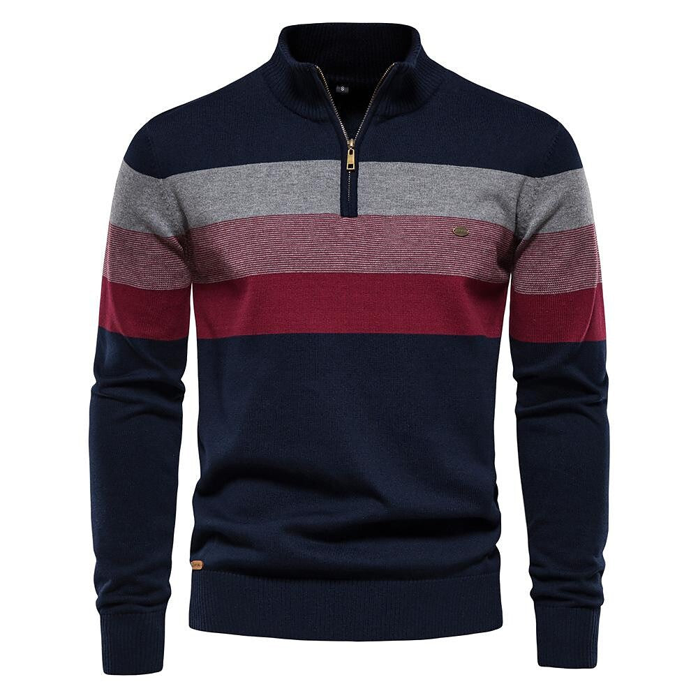 Men's Contrast Striped Half-Zip Stand Collar Sweater