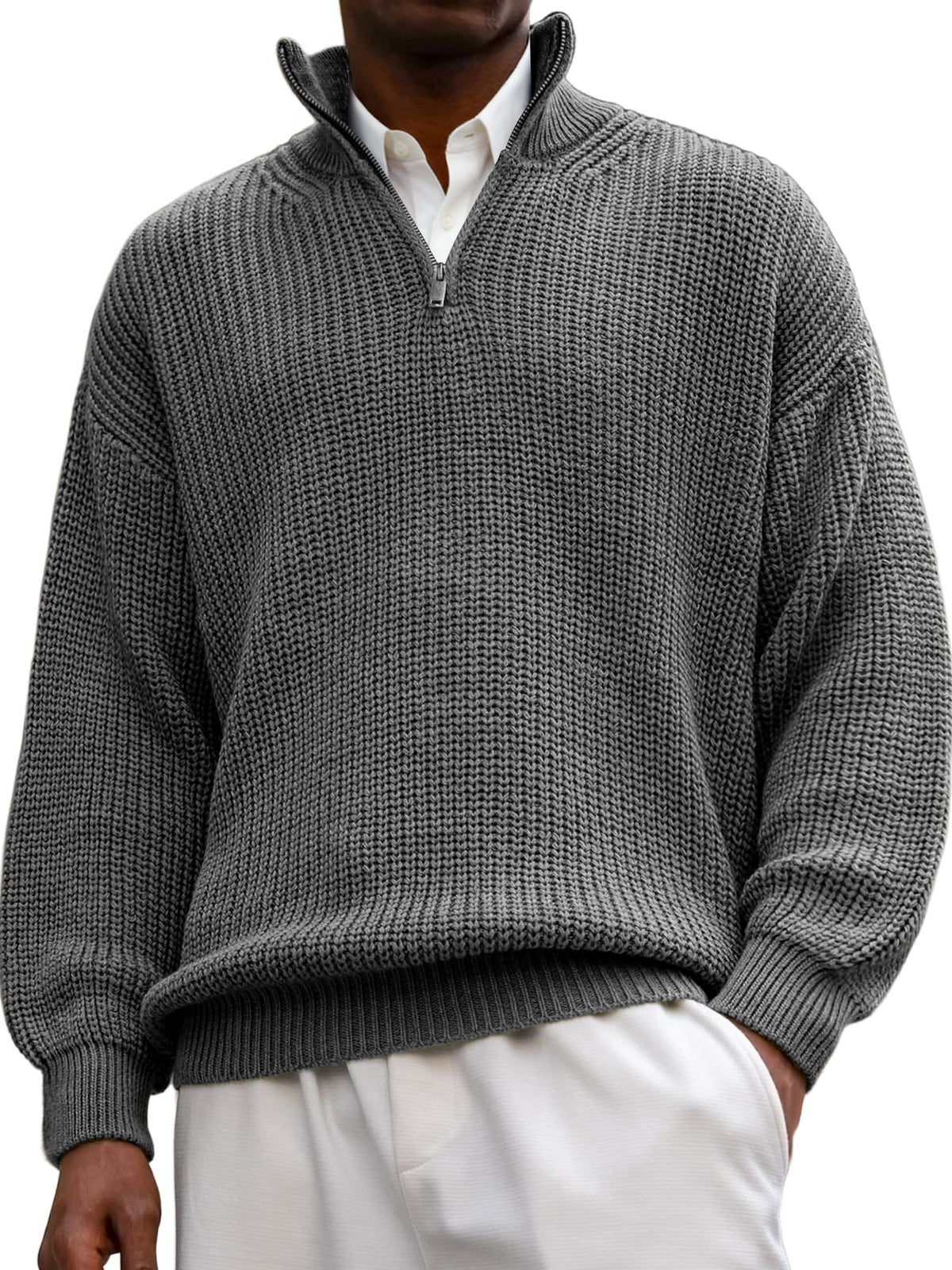 Men's Textured Lapel Zipper Casual Long Sleeve Polo Shirt