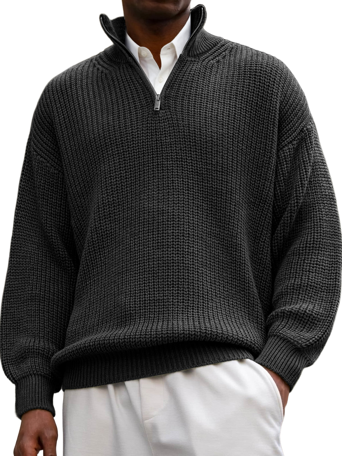 Men's Textured Lapel Zipper Casual Long Sleeve Polo Shirt