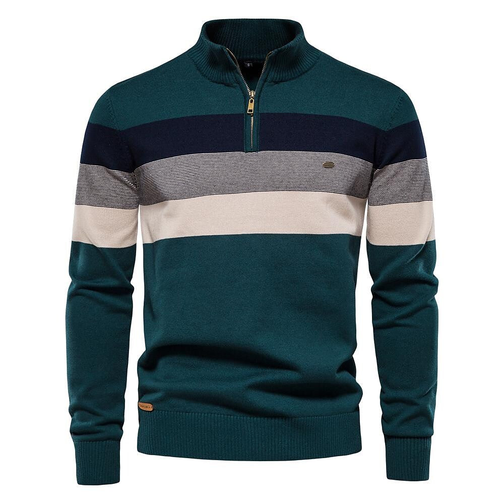 Men's Contrast Striped Half-Zip Stand Collar Sweater