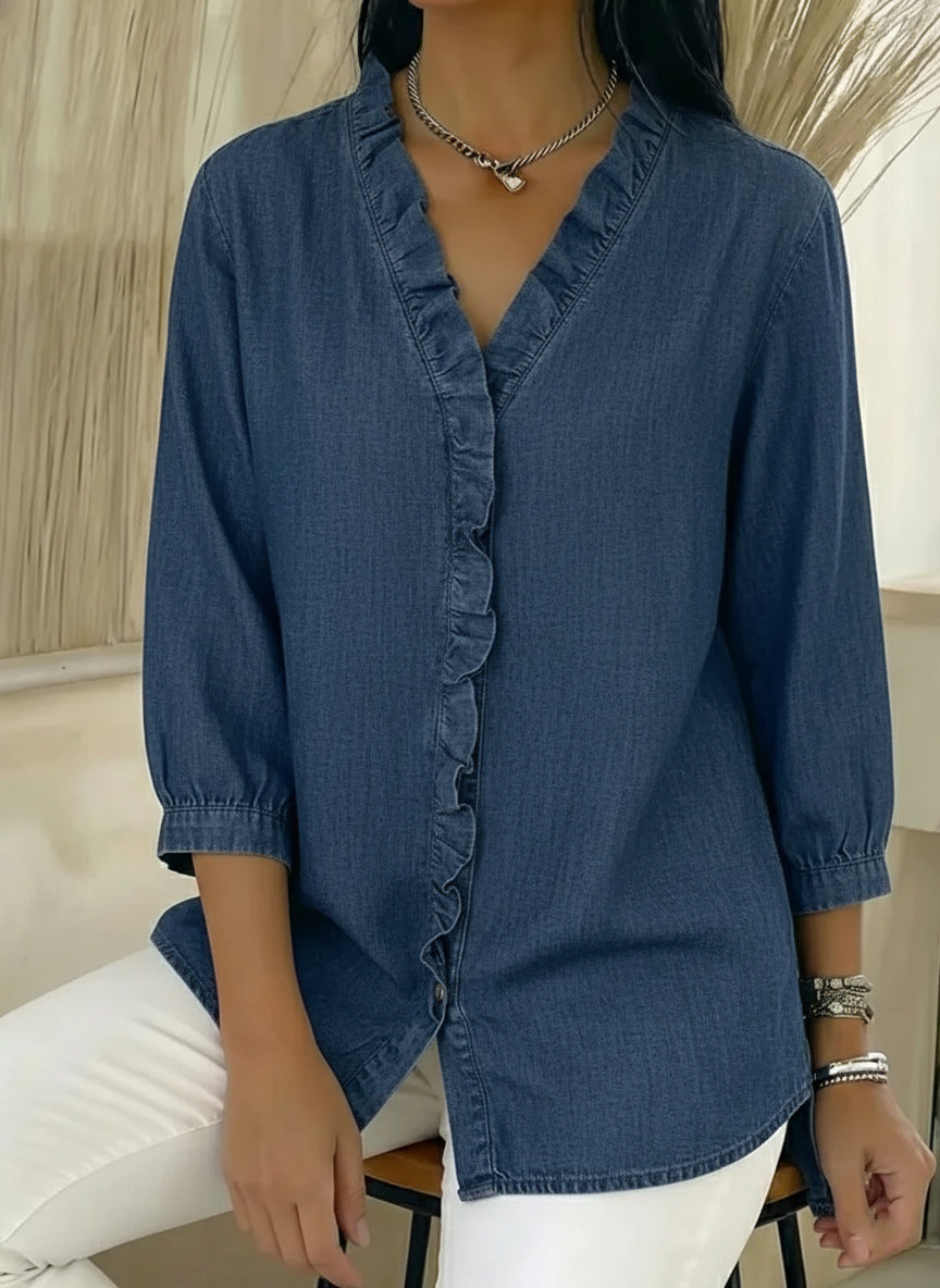New Arrivals🔥 Women's Casual Denim V-Neck Ruffled Shirt