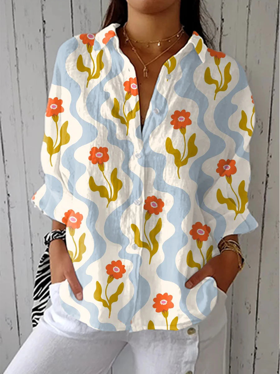 Women's Vintage Abstract Floral Art Print Linen V-Neck Shirt