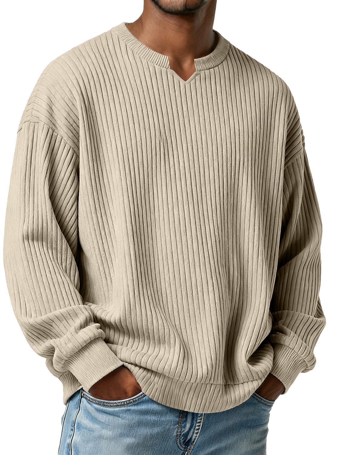 Men's Simple Vertical Ribbed Small V-neck Casual Loose Long-sleeved T-shirt