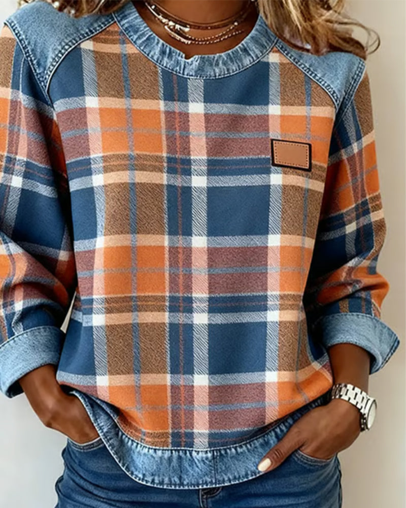 🔥Women's Casual Round Neck Denim Patchwork Pullover Sweatshirt