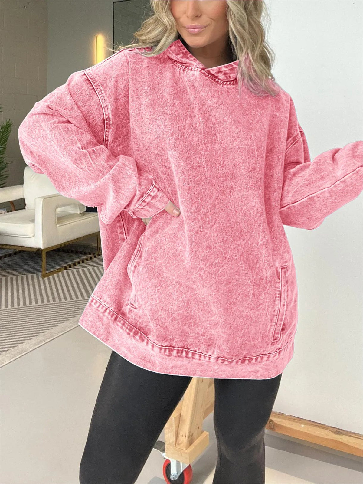 ⏰FALL SALE-DENIM HOODED SWEATSHIRT WITH FRONT POCKETS