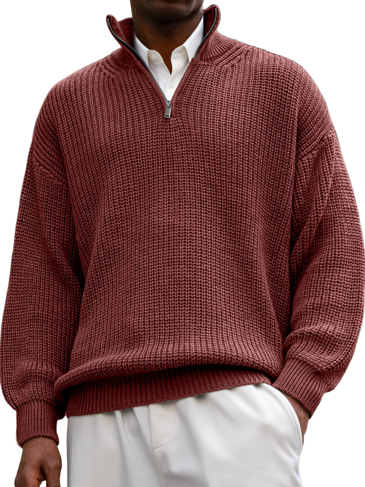 Men's Textured Lapel Zipper Casual Long Sleeve Polo Shirt