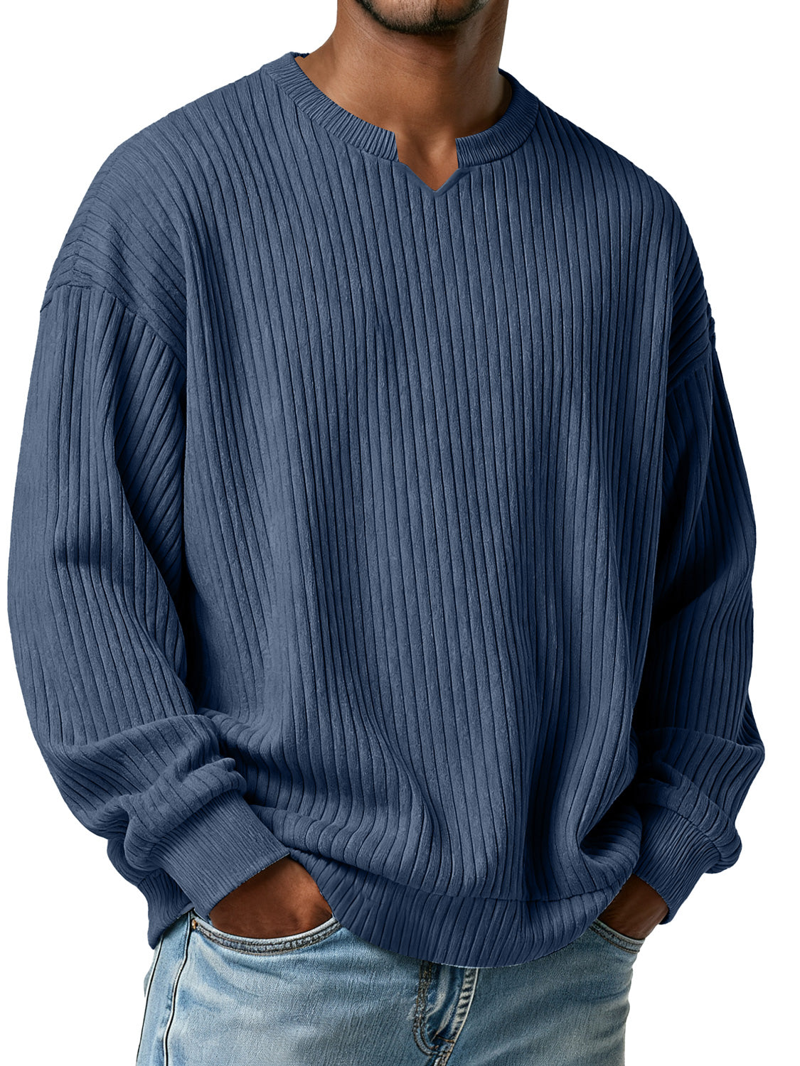 Men's Simple Vertical Ribbed Small V-neck Casual Loose Long-sleeved T-shirt