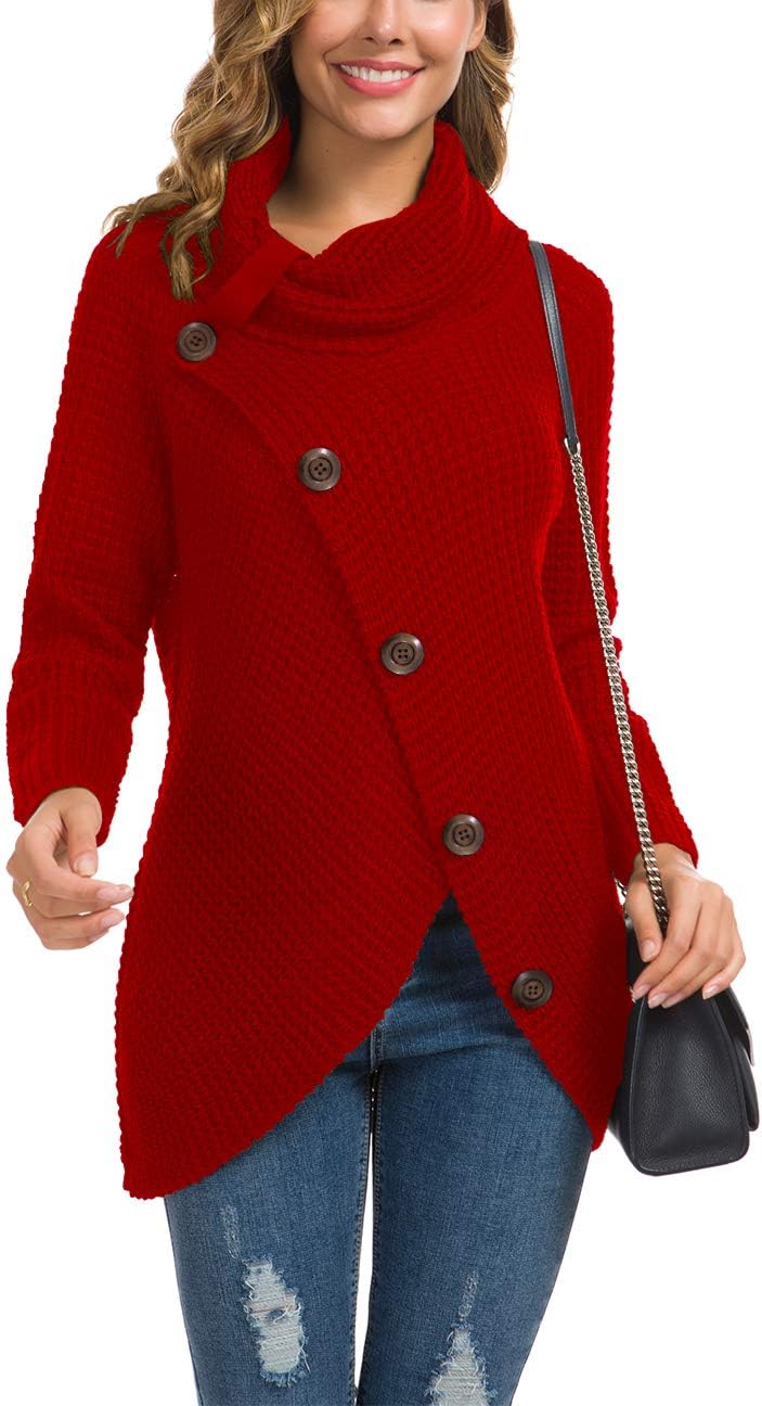 Women's Chunky Turtleneck Long Sleeve Asymmetric Hem Loose Knit Pullover Sweaters