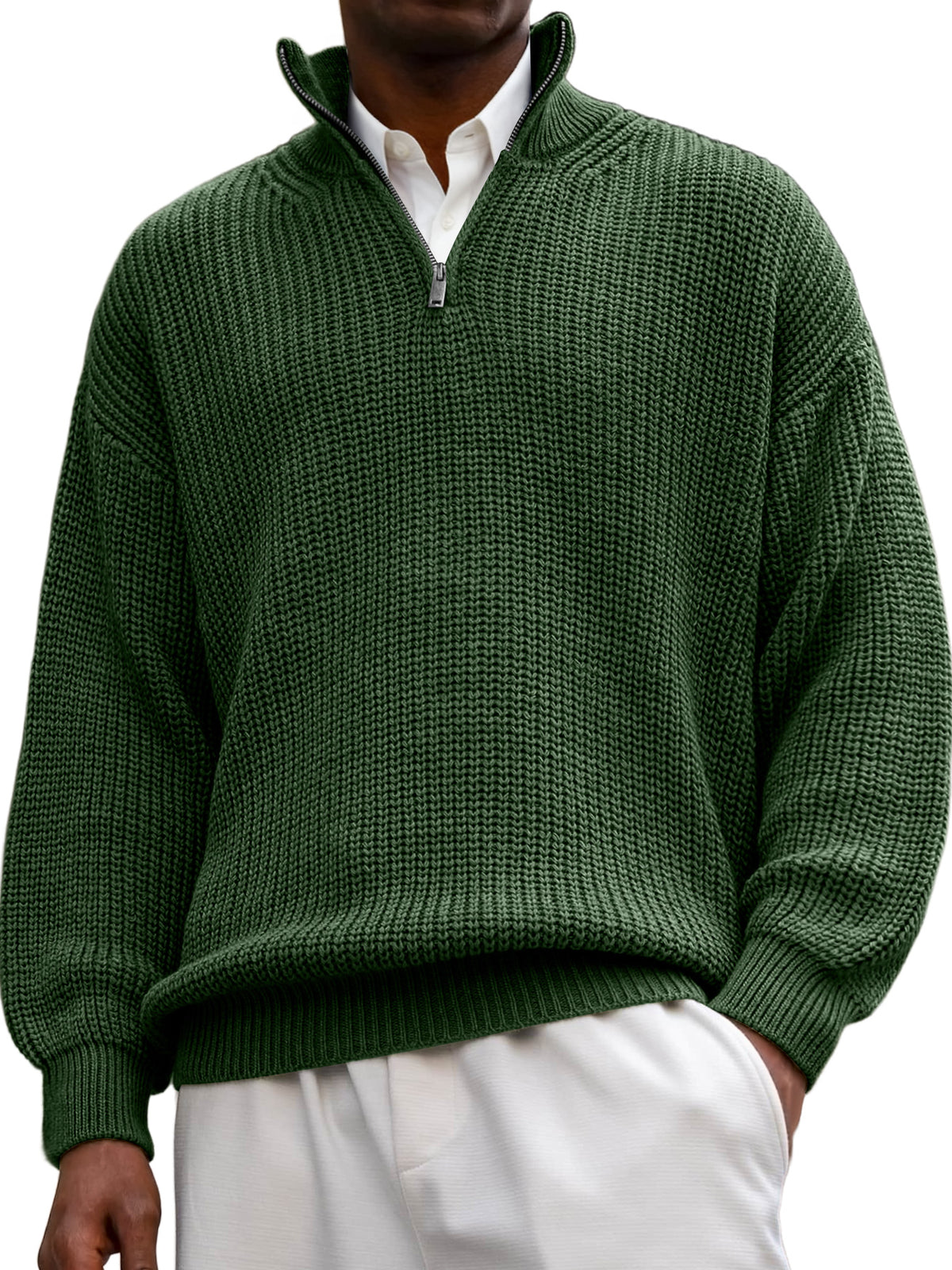 Men's Textured Lapel Zipper Casual Long Sleeve Polo Shirt