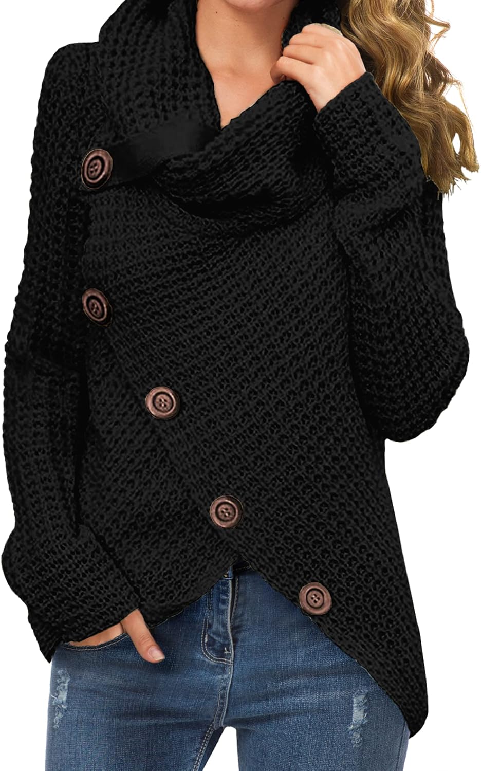 Women's Chunky Turtleneck Long Sleeve Asymmetric Hem Loose Knit Pullover Sweaters
