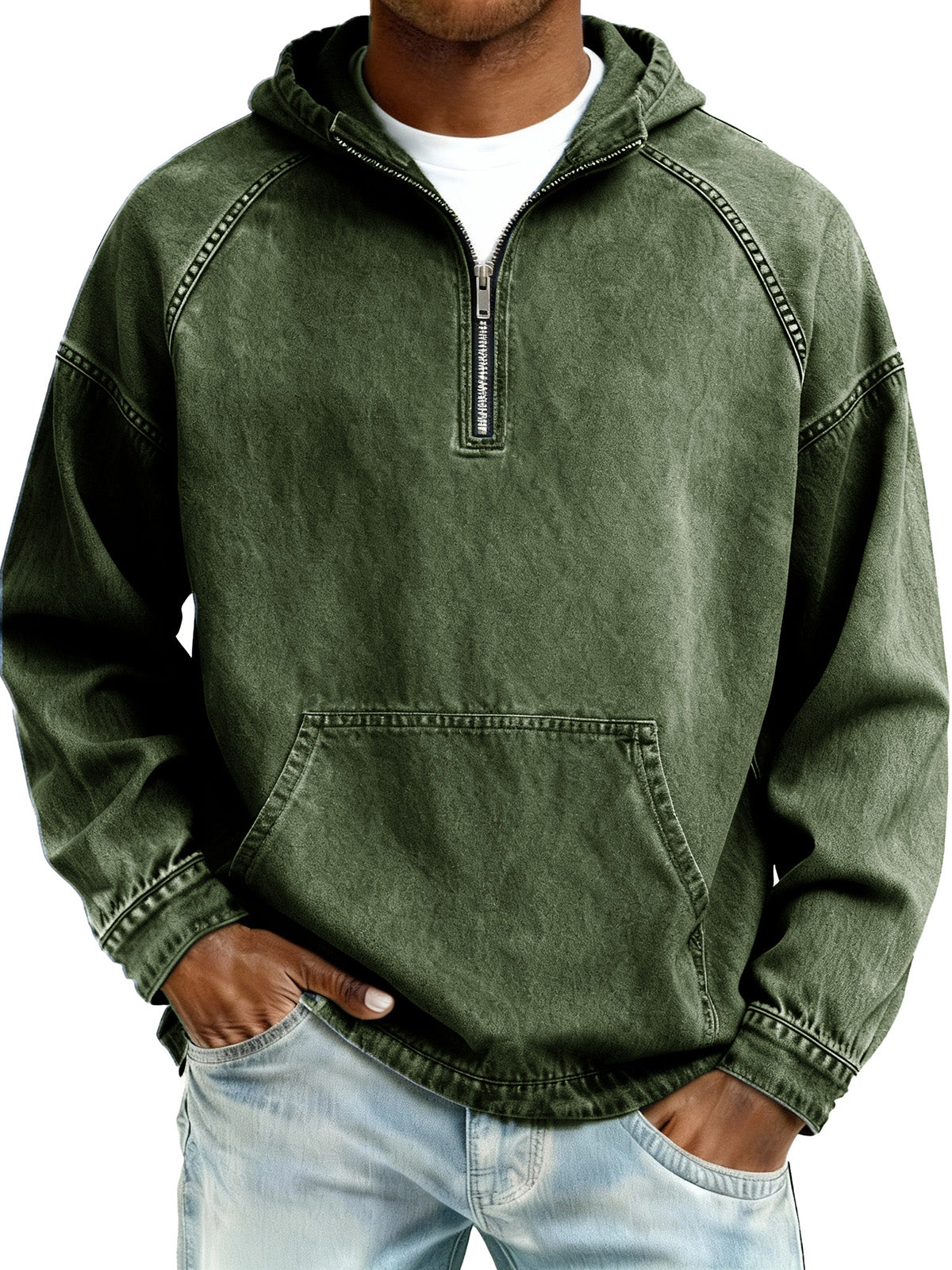Limited-Time Deal: Save 50% Today!Men's Retro Fashion Distressed Raglan Sleeve Pocket Hooded Sweatshirt