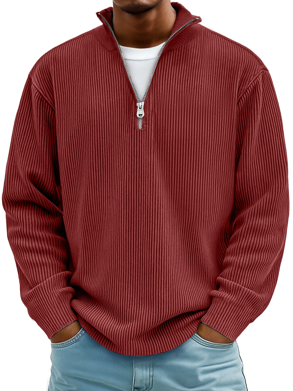 Men's Simple Casual Ribbed Stand Collar Zipper Long Sleeve T-shirt