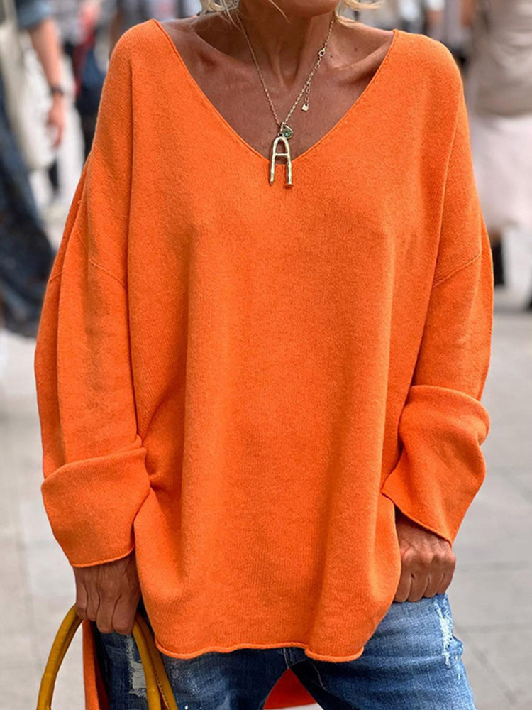 Crew Neck Fuzzy Solid Casual Long Sleeve Women Knitted Shirt