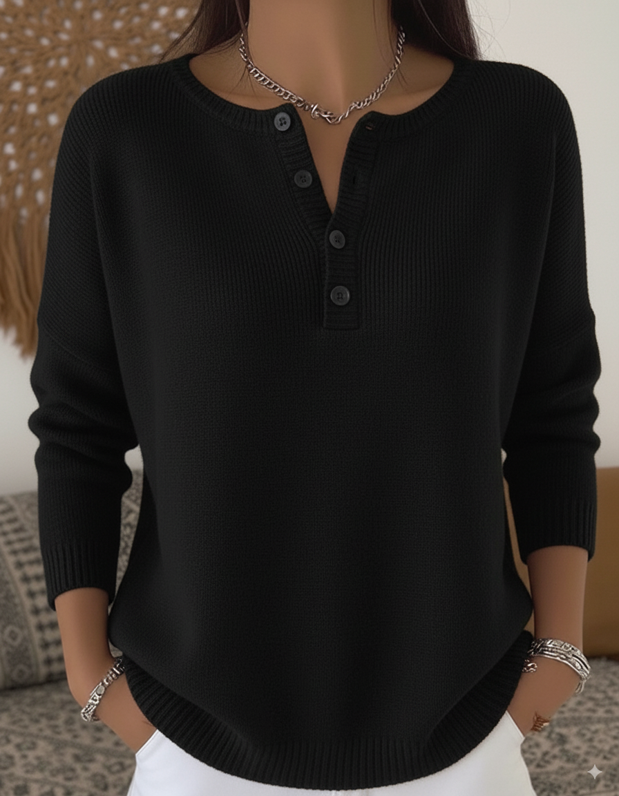 Women's Soft Solid Color Henley Collar Sweater Top