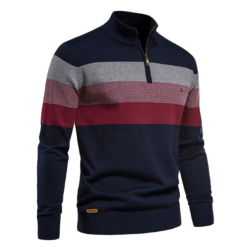 Men's Contrast Striped Half-Zip Stand Collar Sweater