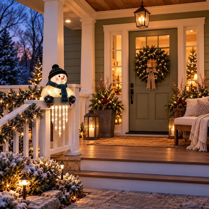 Lighted snowman railing decor on a snowy front porch at dusk