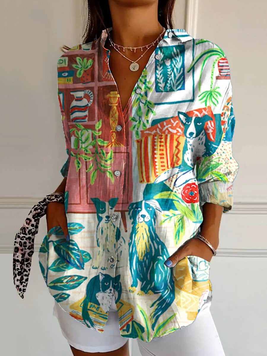 Women's Vintage Abstract Floral Art Print Linen V-Neck Shirt