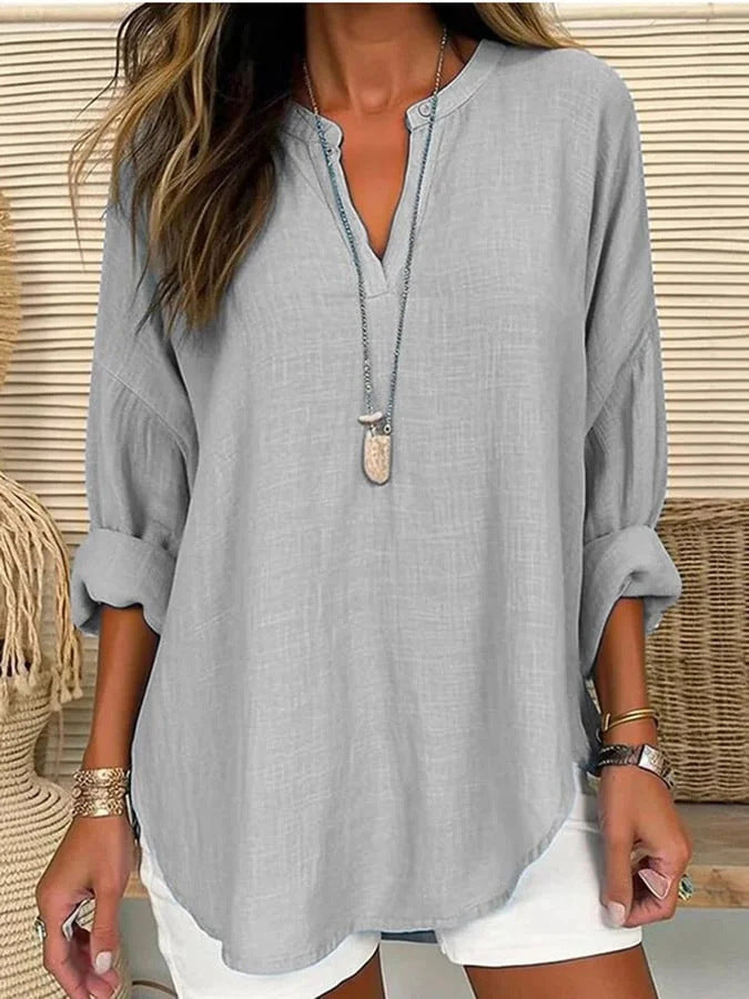 Summer Small V-neck Long-sleeved Floral Print Simple Casual Elegant T-shirt