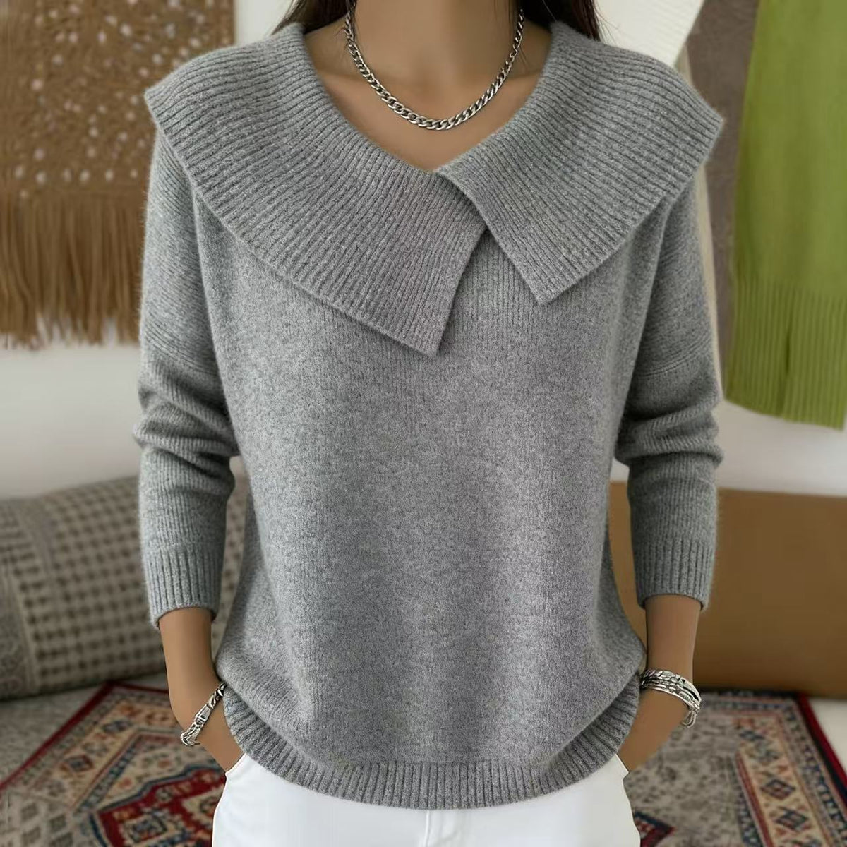 💥 Winter Best-selling - ❄️ Stylish retro 80s style sweater with a fold-over collar, creating a slimming effect