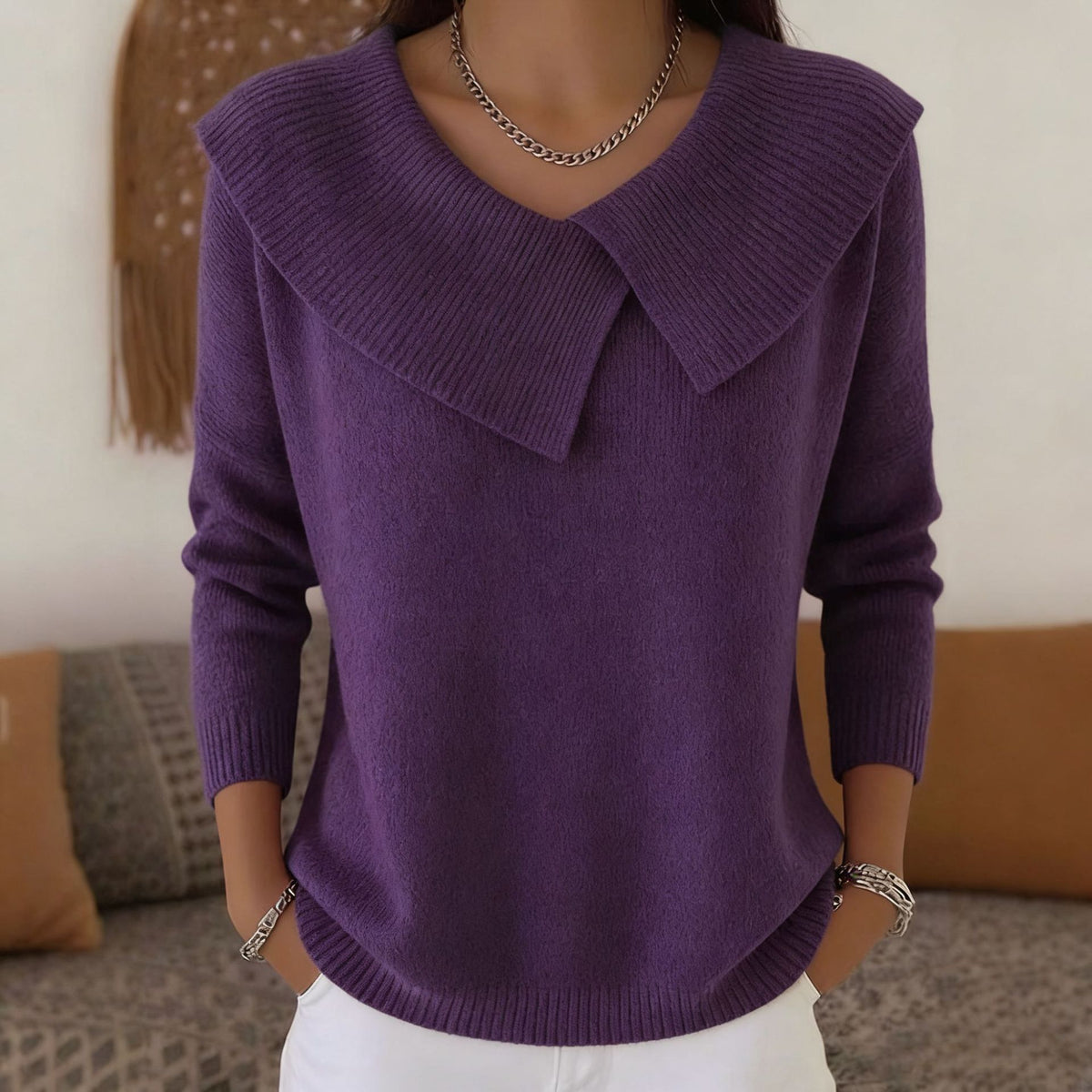 💥 Winter Best-selling - ❄️ Stylish retro 80s style sweater with a fold-over collar, creating a slimming effect