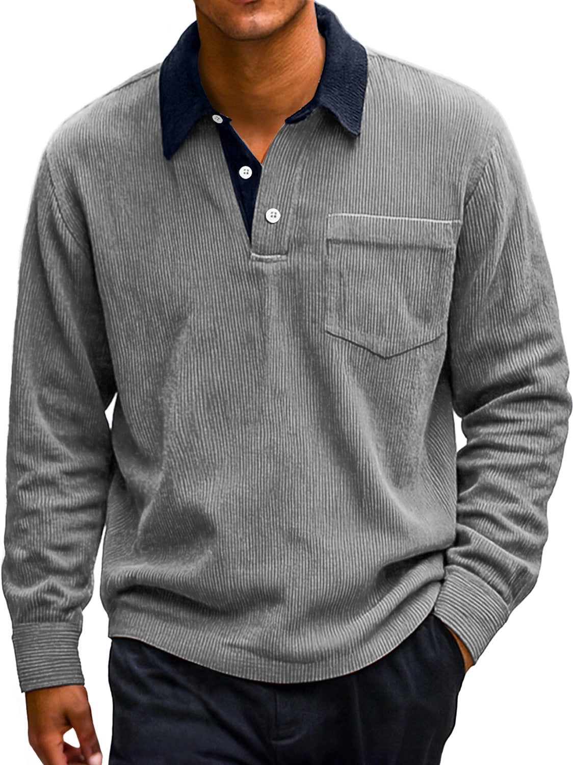 Men's Retro Corduroy Lapel Colorblock Casual Long-sleeved Polo Shirt
