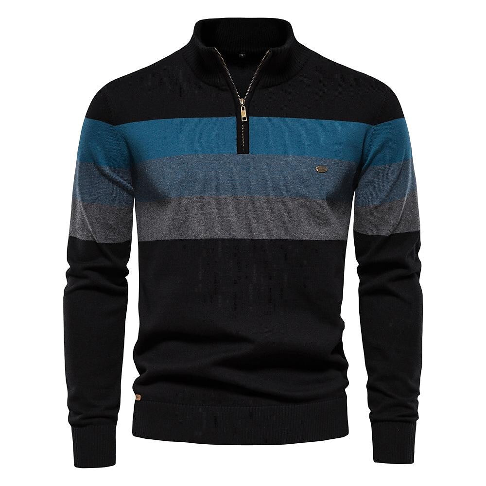 Men's Contrast Striped Half-Zip Stand Collar Sweater