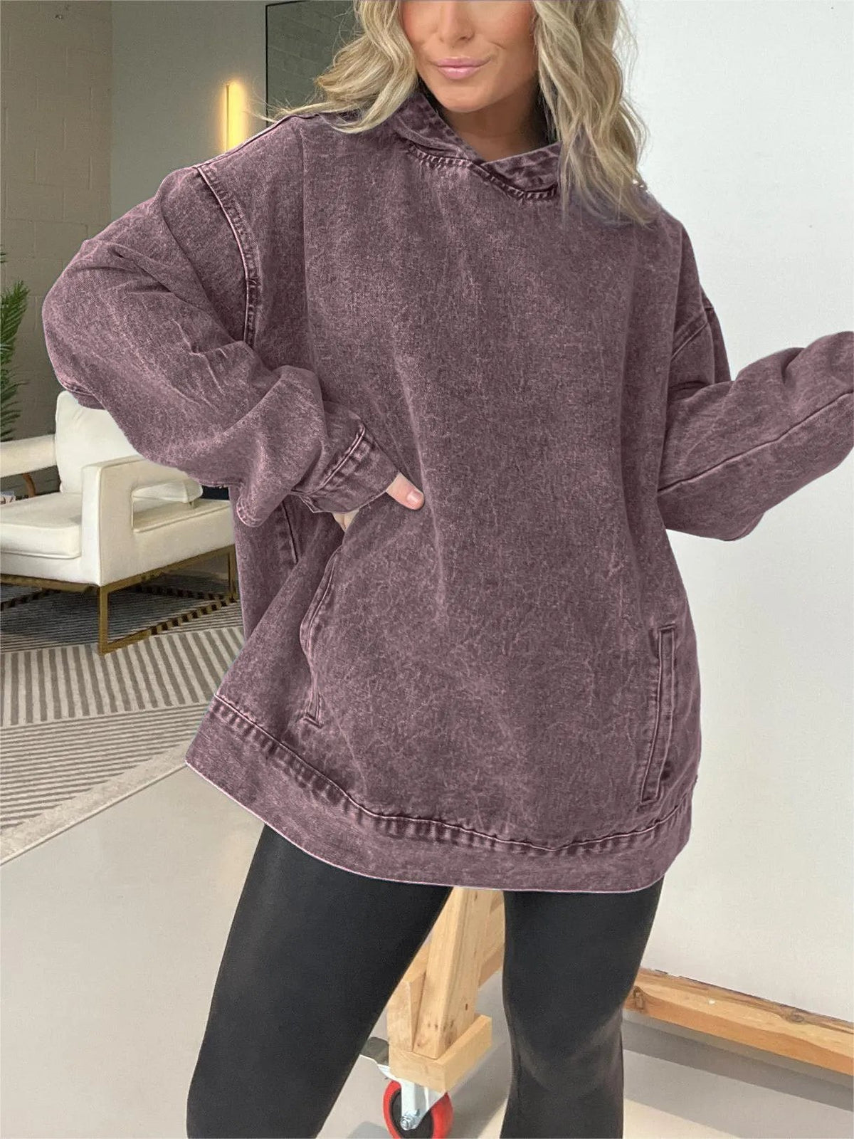 ⏰FALL SALE-DENIM HOODED SWEATSHIRT WITH FRONT POCKETS