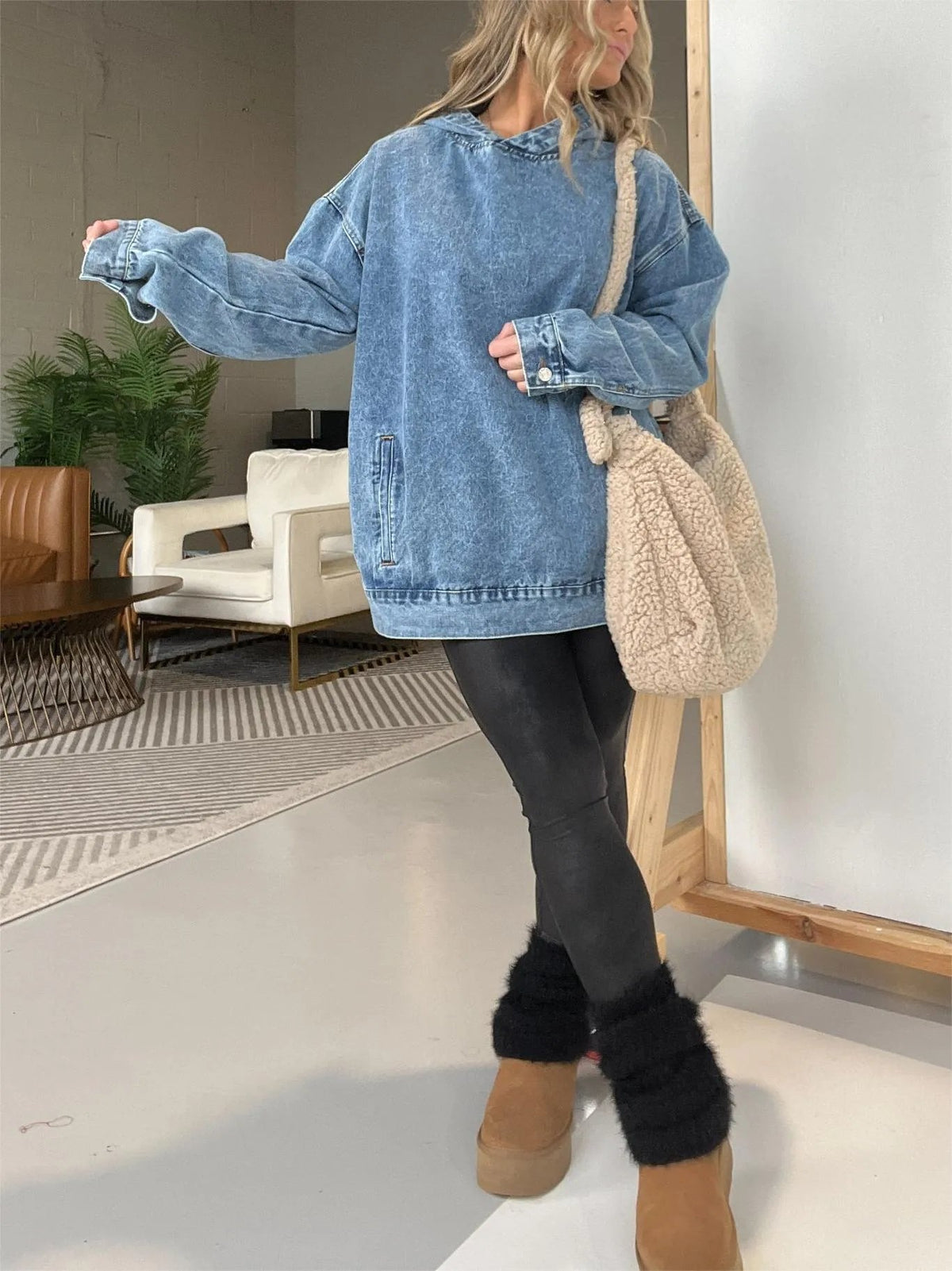 ⏰FALL SALE-DENIM HOODED SWEATSHIRT WITH FRONT POCKETS