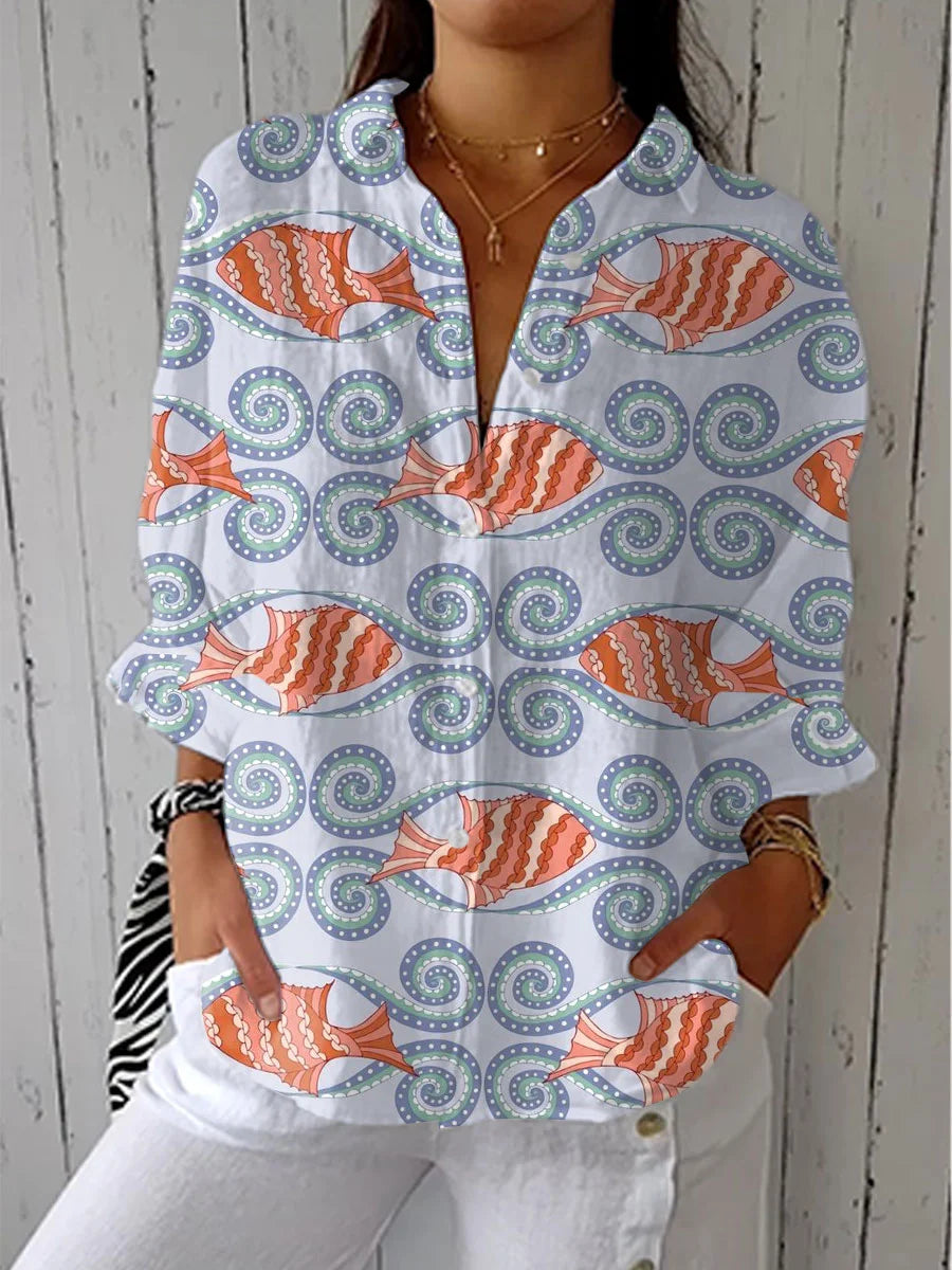 Women's Vintage Abstract Floral Art Print Linen V-Neck Shirt