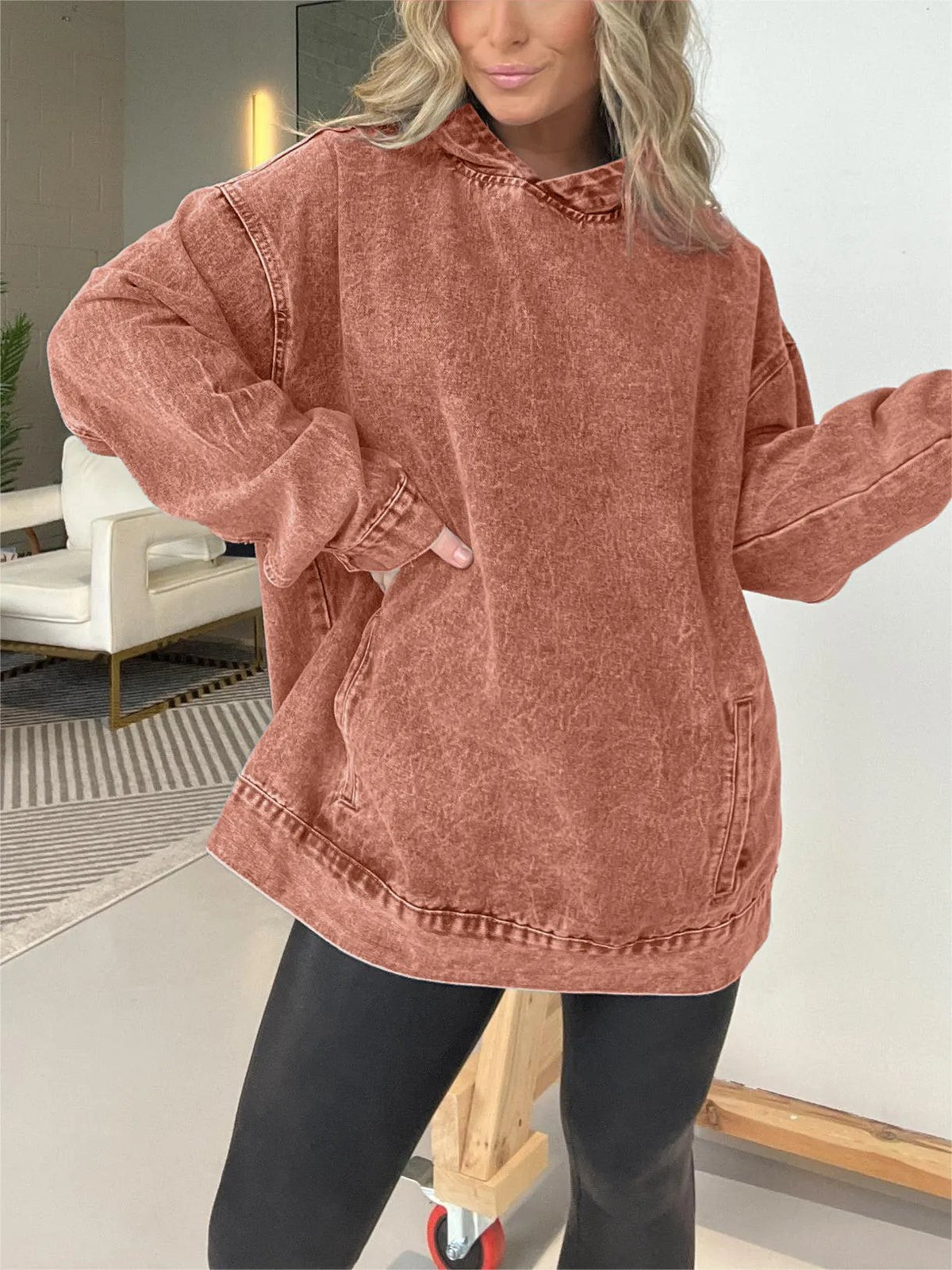 ⏰FALL SALE-DENIM HOODED SWEATSHIRT WITH FRONT POCKETS
