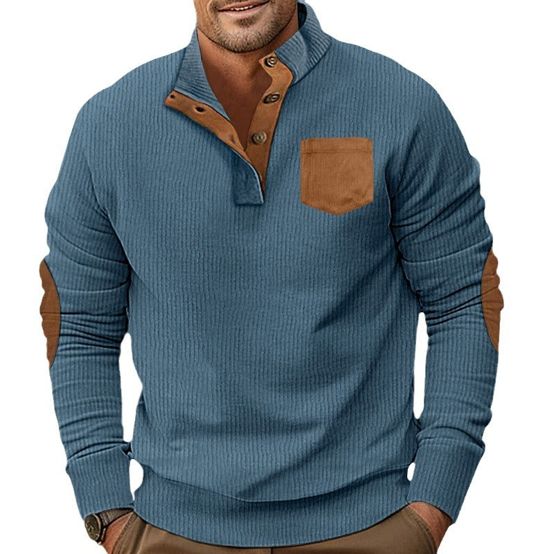 Men's pocket stand collar long sleeve corduroy colorblock sweatshirt