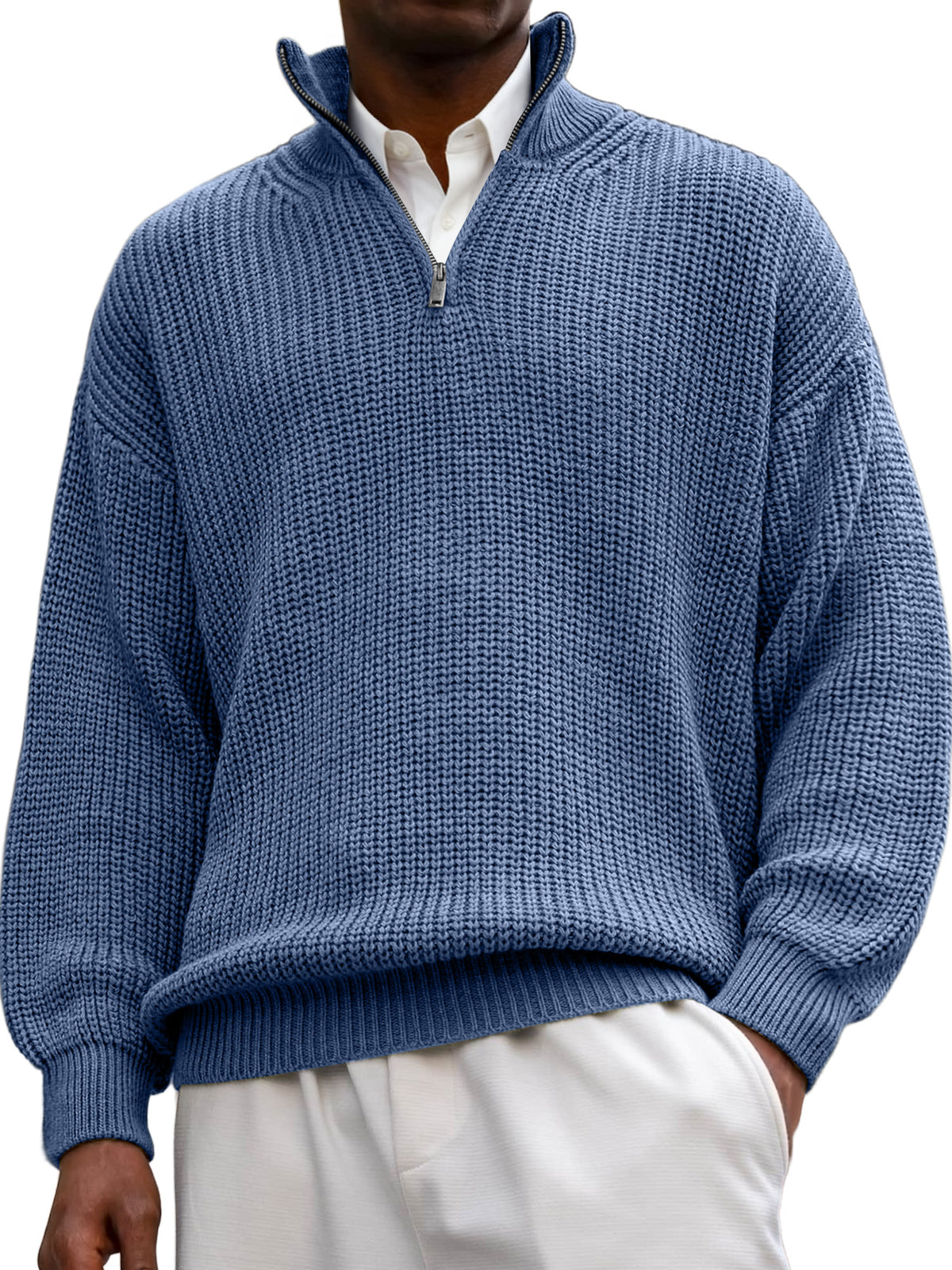 Men's Textured Lapel Zipper Casual Long Sleeve Polo Shirt