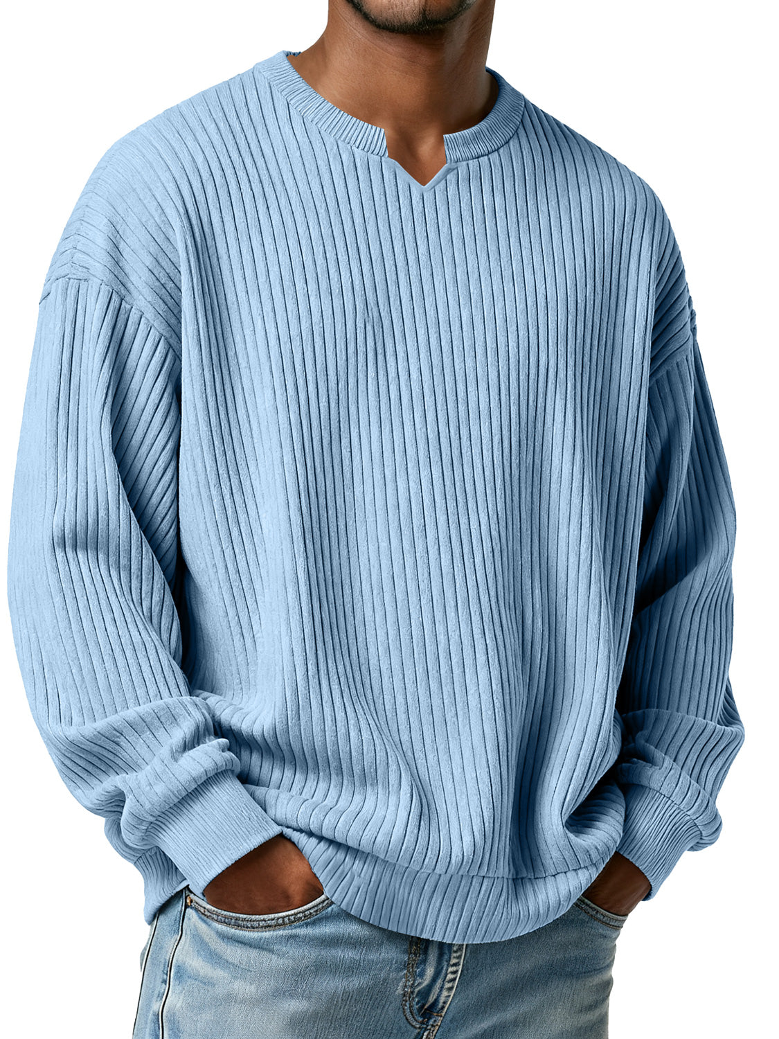 Men's Simple Vertical Ribbed Small V-neck Casual Loose Long-sleeved T-shirt