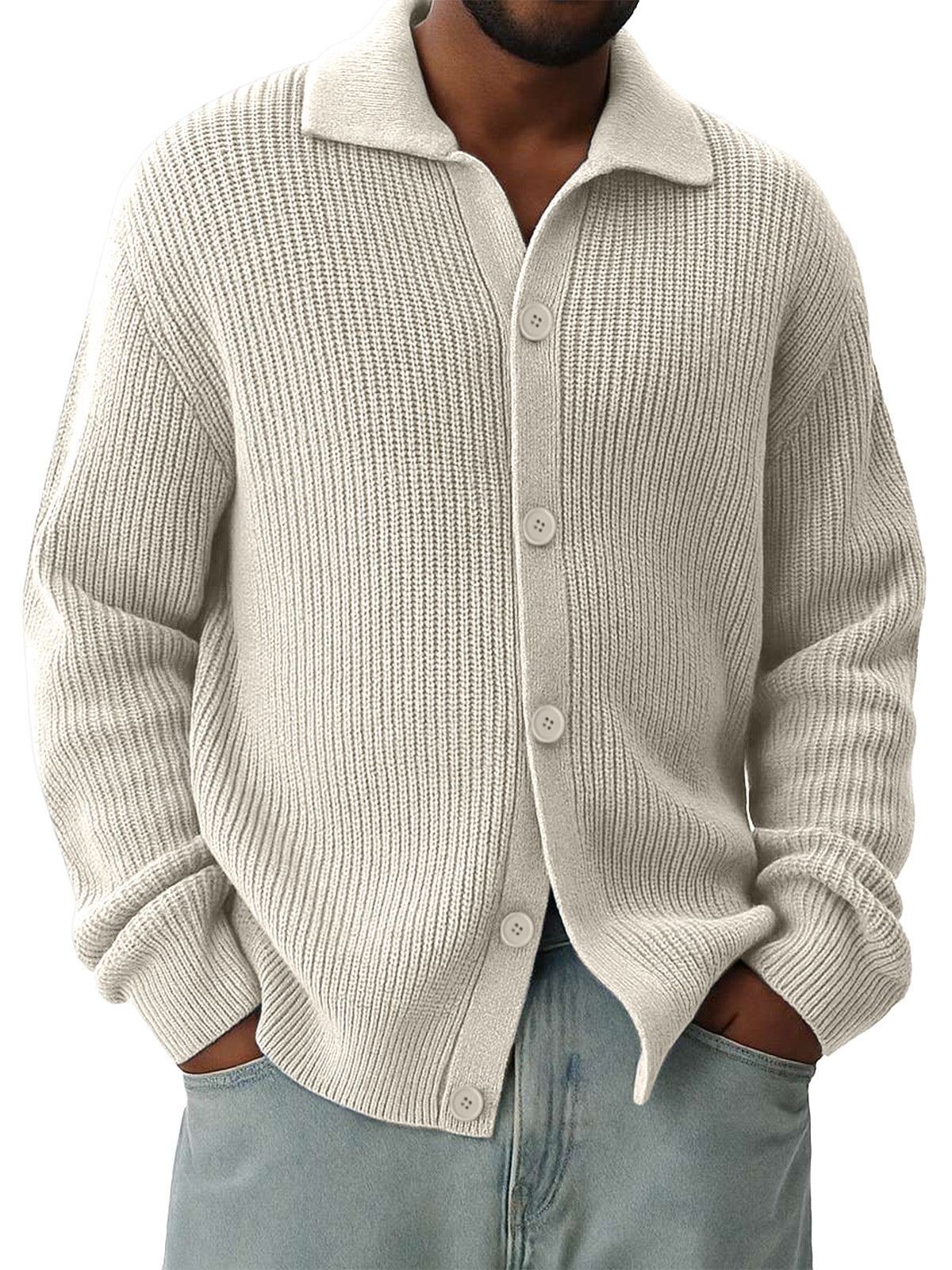 Men's Lapel Solid Color Loose And Versatile Long-sleeved Knitted Cardigan Sweater Jacket