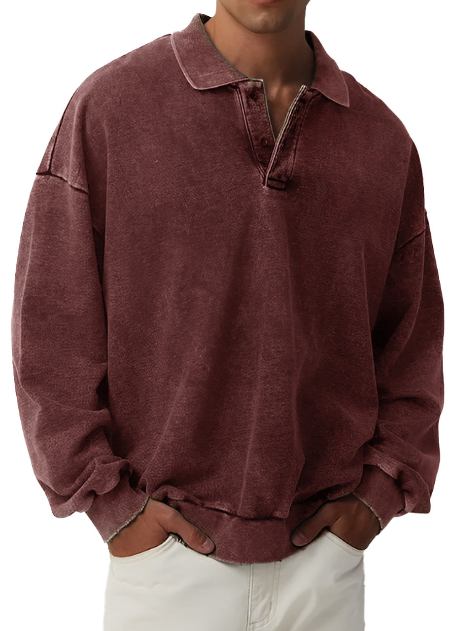 Men's Retro Fashion Distressed Lapel Long Sleeve Polo Sweatshirt
