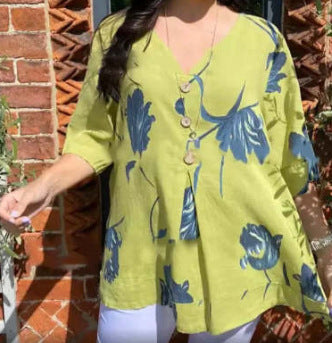 Printed Linen-Cotton V-Neck Short-Sleeve Pull-On Shirt