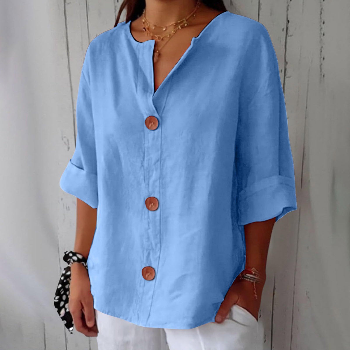 Women's V-Neck Cotton-Linen Button-Up Top