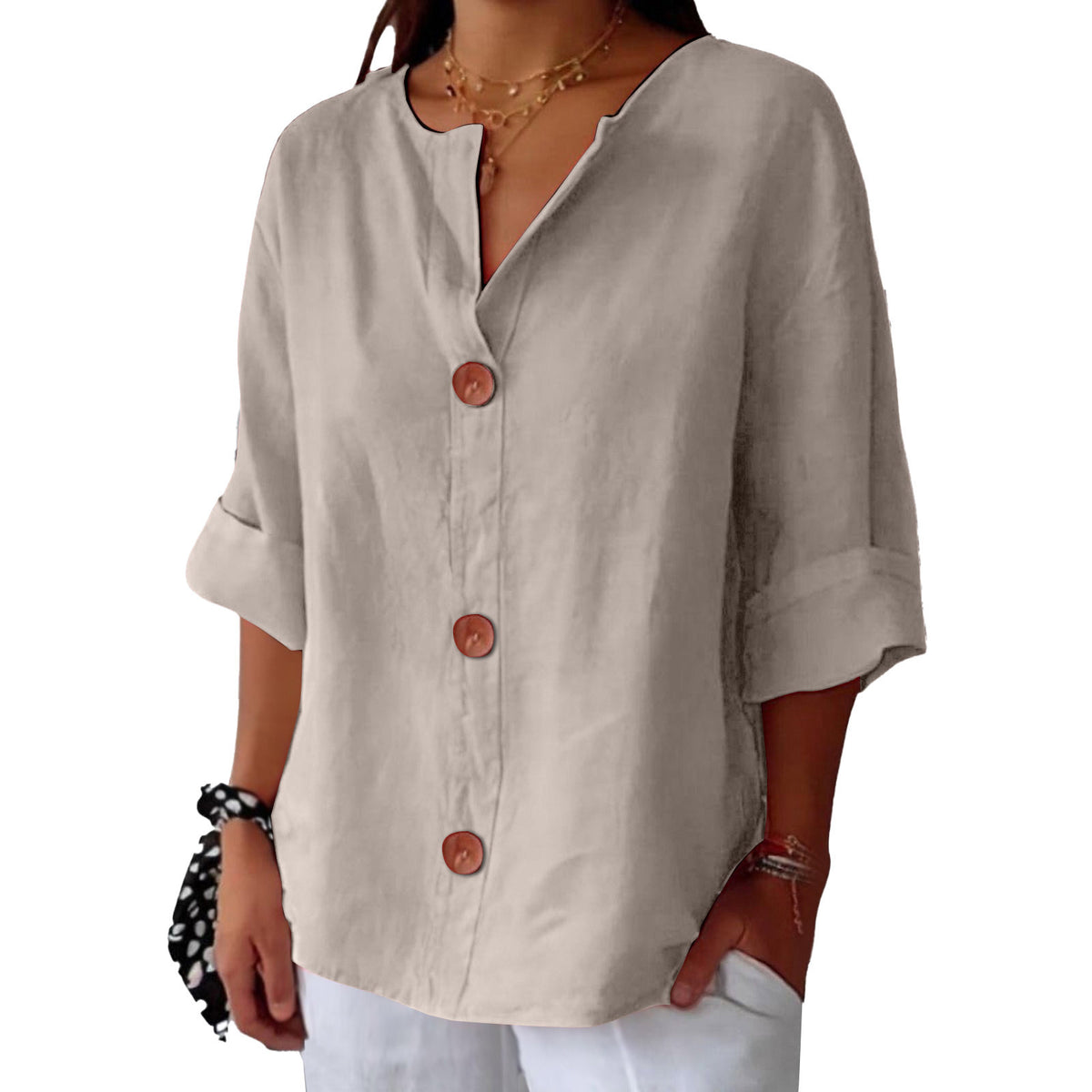 Women's V-Neck Cotton-Linen Button-Up Top
