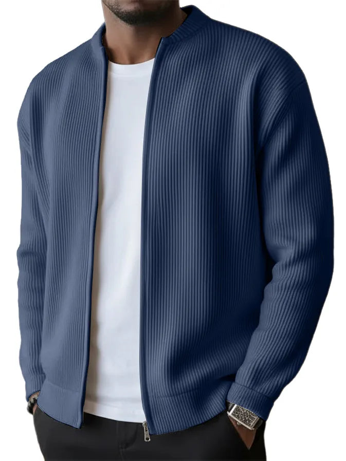 Men's Simple Casual Ribbed Stand Collar Zipper Long Sleeved Jacket